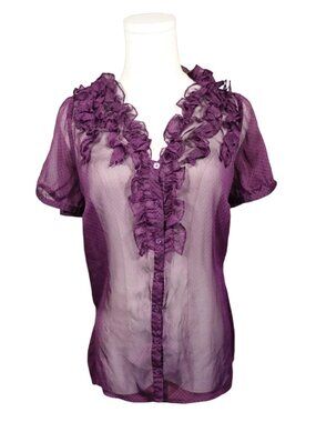 Sheer Plum Ruffle Polka Dot Blouse-M